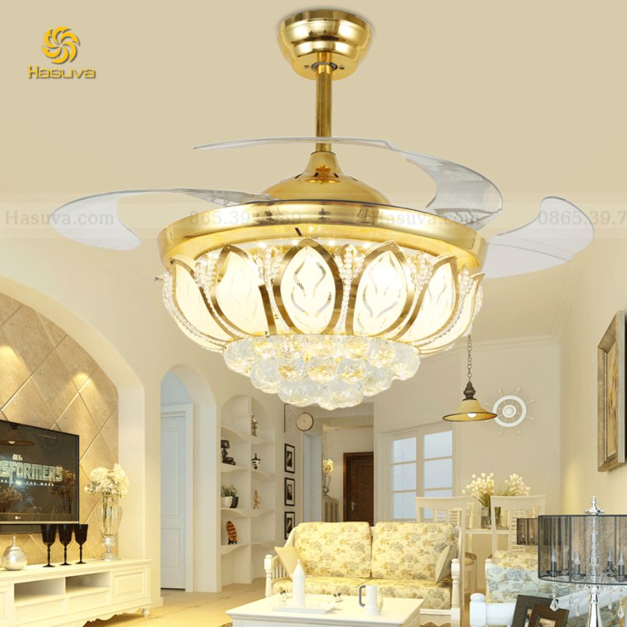 Quạt Cụp Xòe Pha Lê Cánh Sen