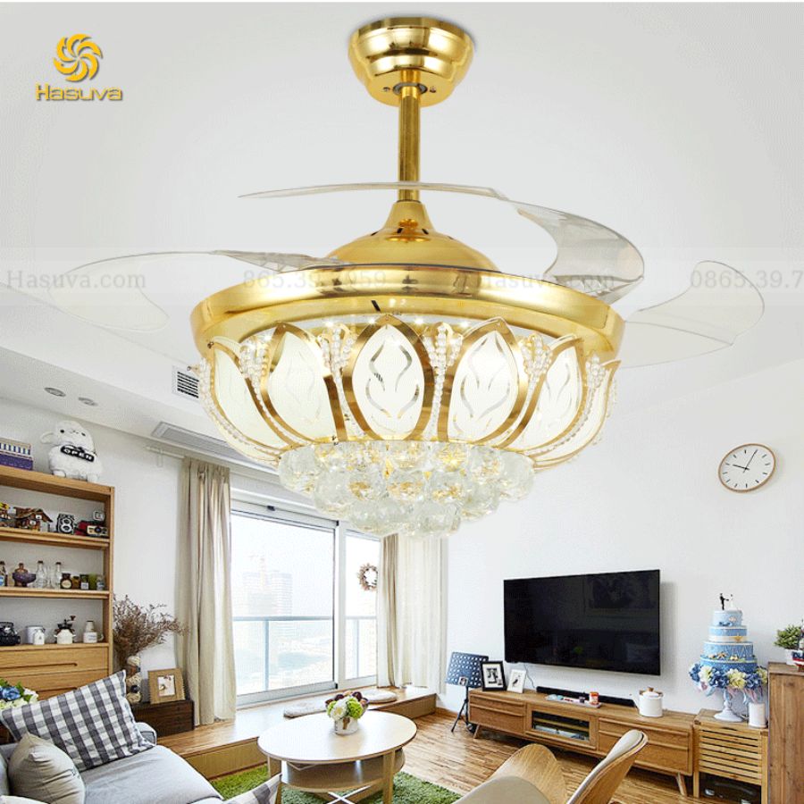 Quạt Cụp Xòe Pha Lê Cánh Sen